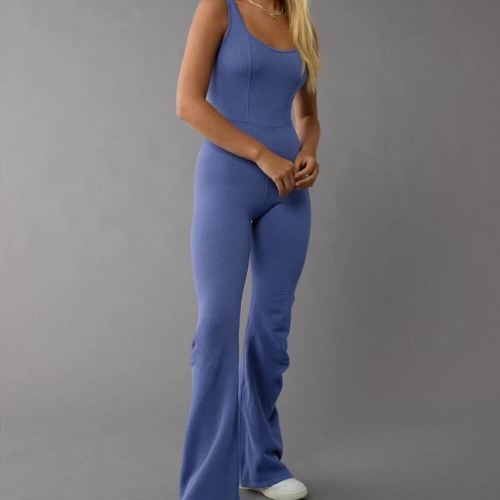 American Eagle Flare Jumpsuit XL scoop neck ribbed blue NWT